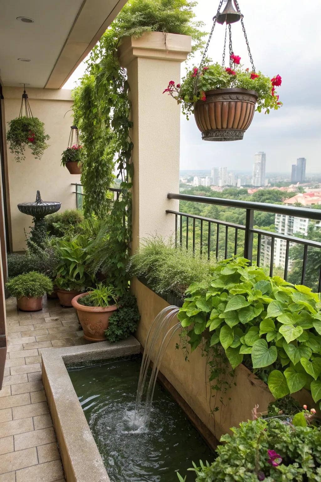 A water feature adds tranquility and a soothing soundscape.
