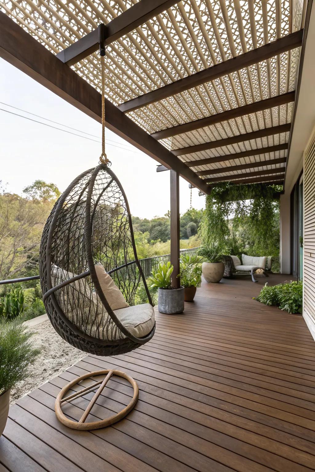 A hanging chair provides a whimsical and cozy seating option.