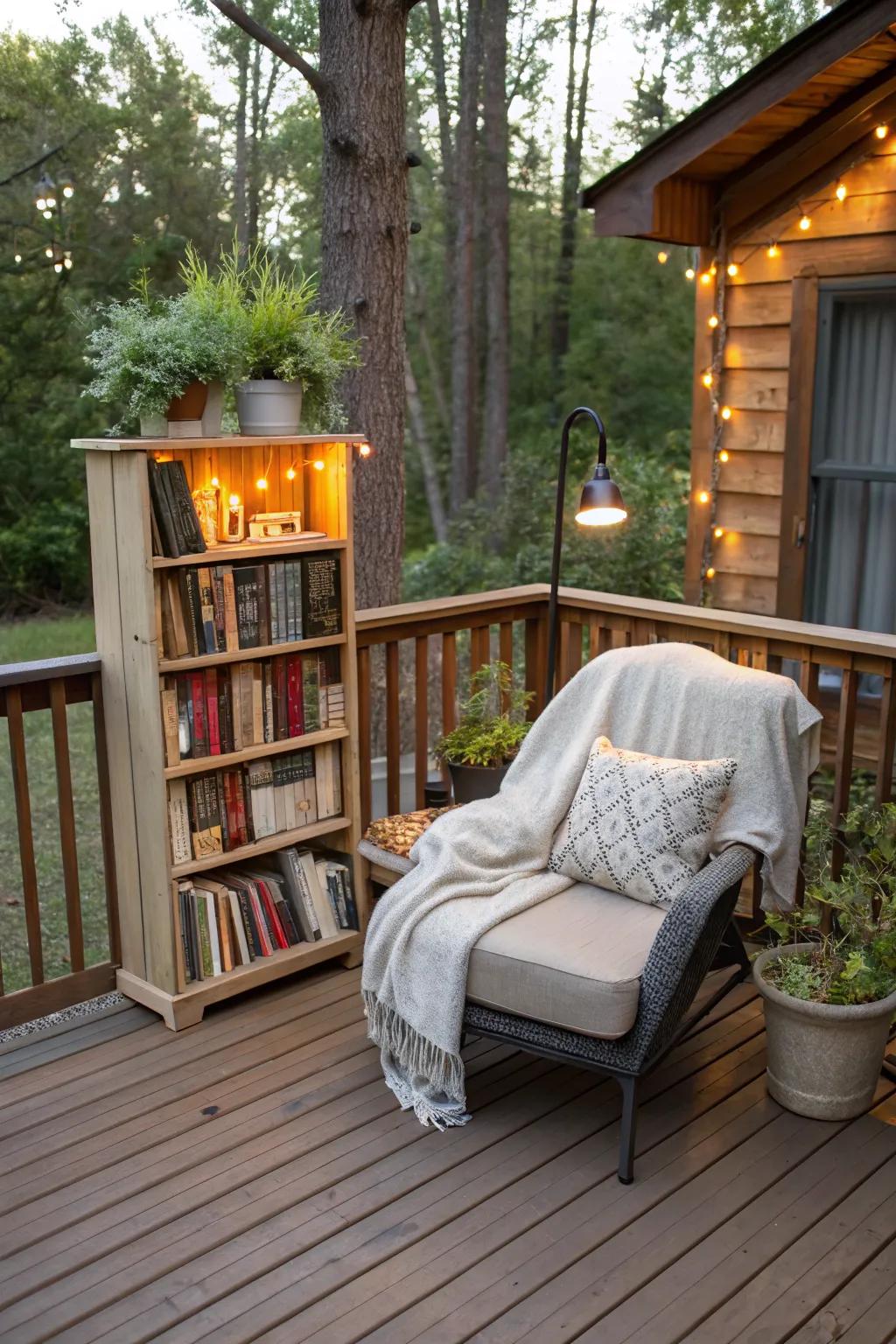 Inviting deck corner transformed into a cozy reading nook.