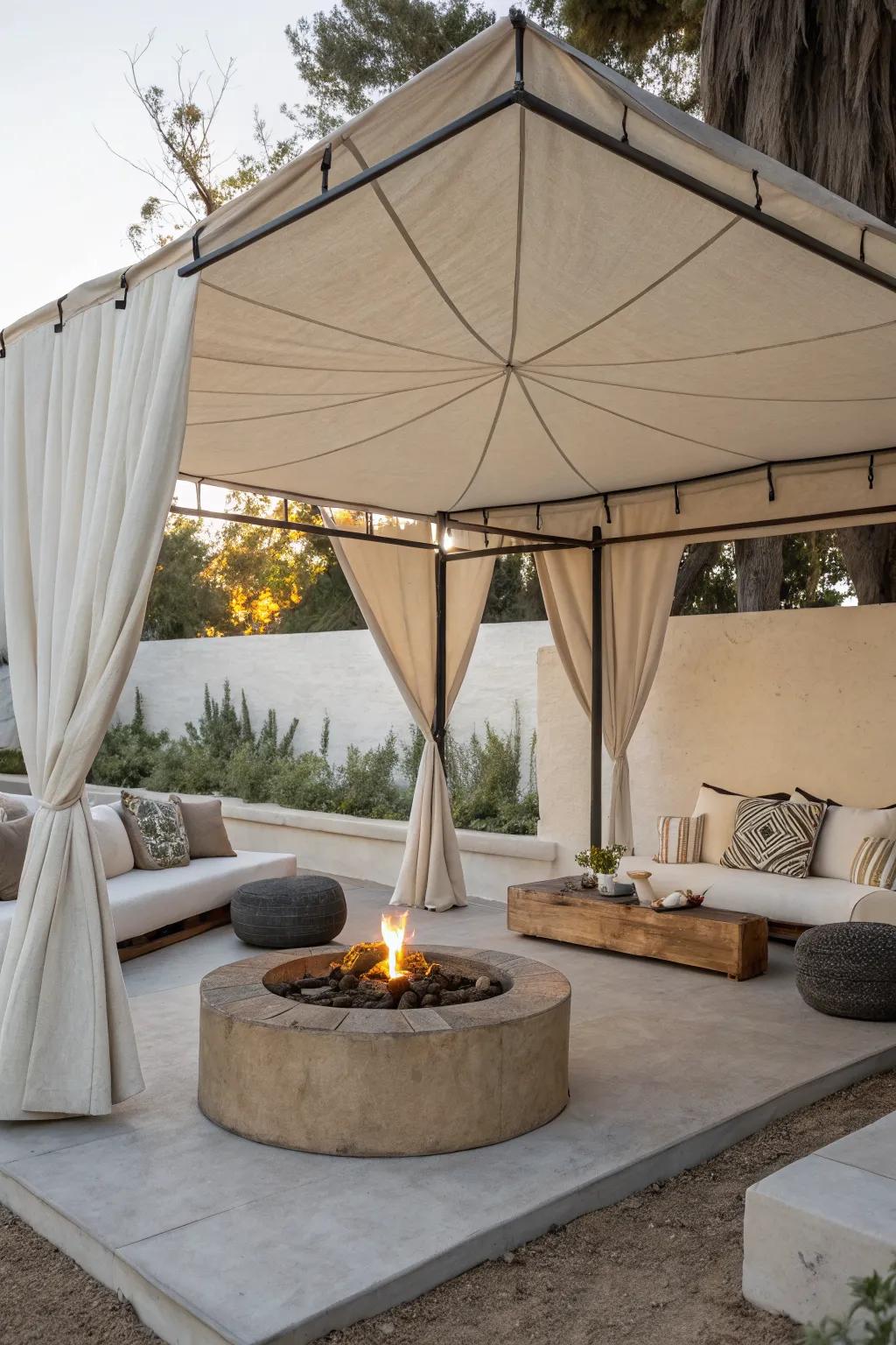 A canvas canopy provides a minimalist and elegant cover for your fire pit.