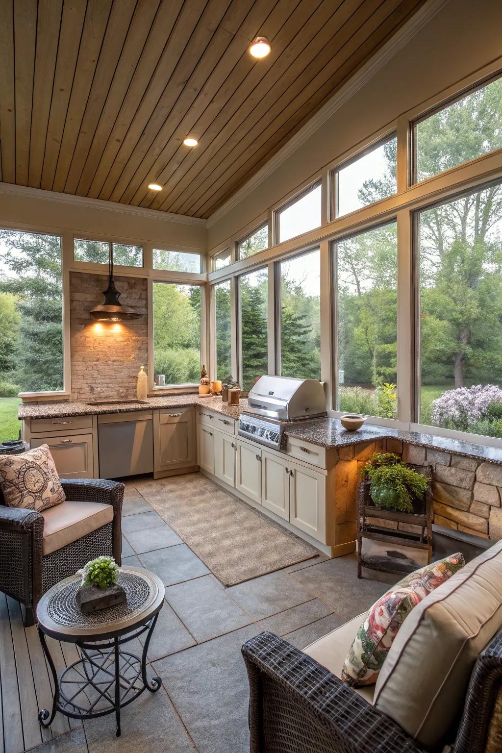 An enclosed porch extends your outdoor kitchen's usability year-round.