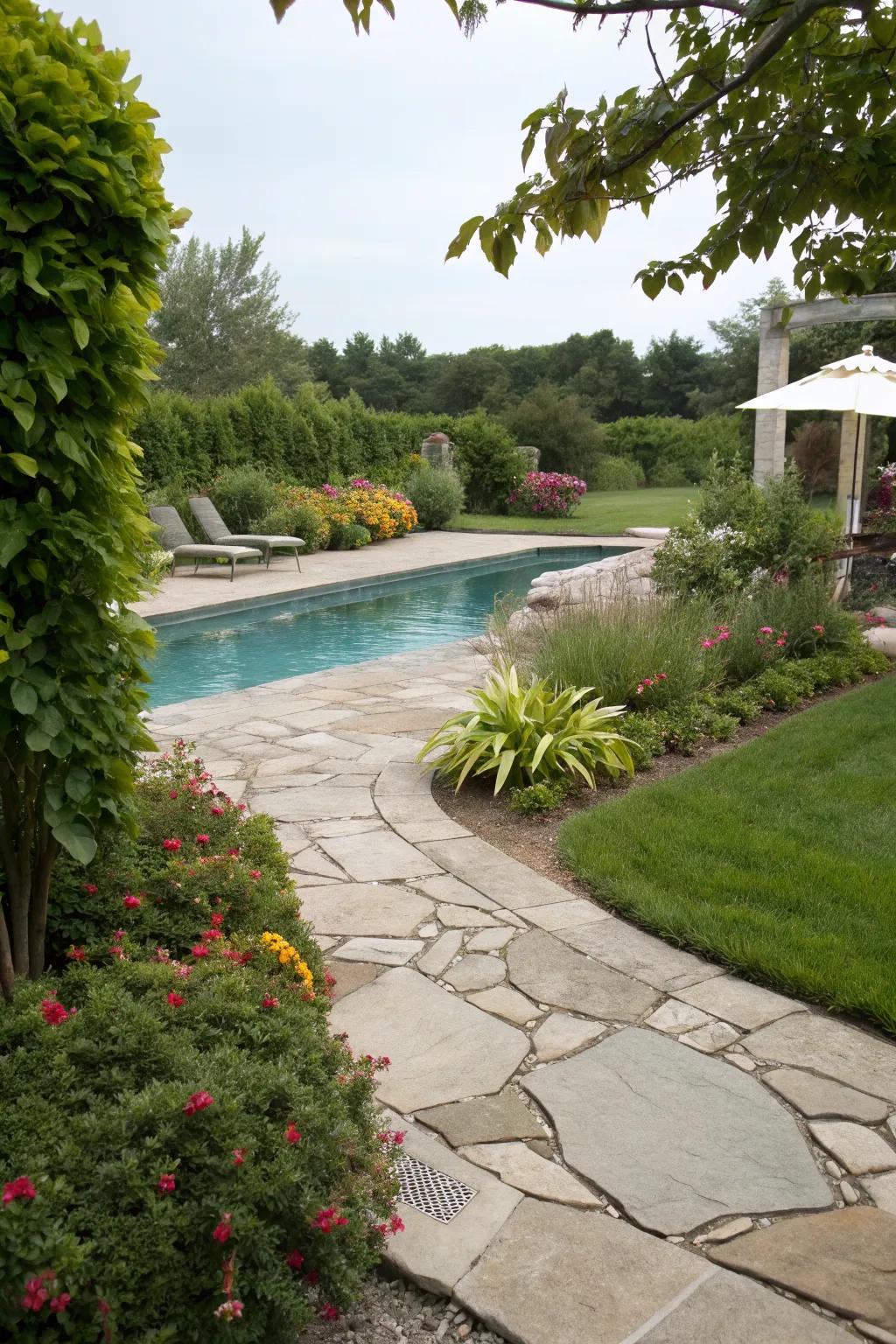 A natural stone pathway adds elegance and functionality.