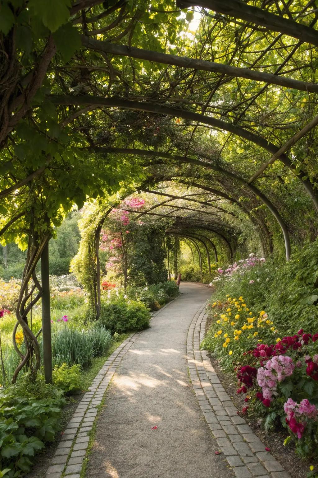 An enchanting winding path with an overhead trellis.