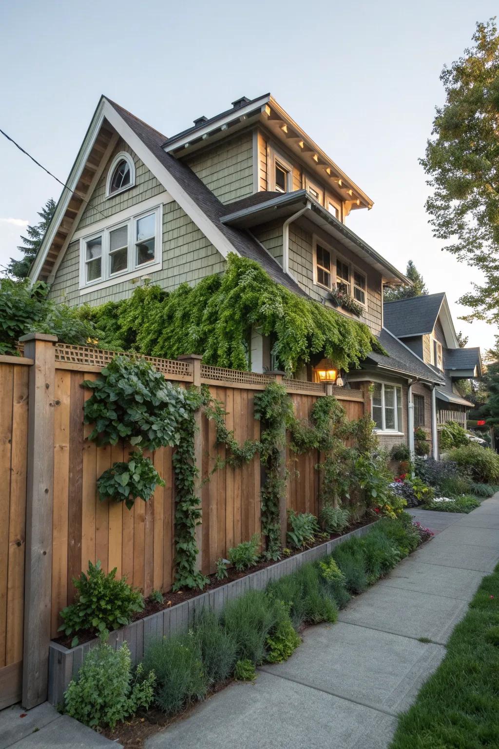 A vertical garden adds greenery to the craftsman house without using ground space.