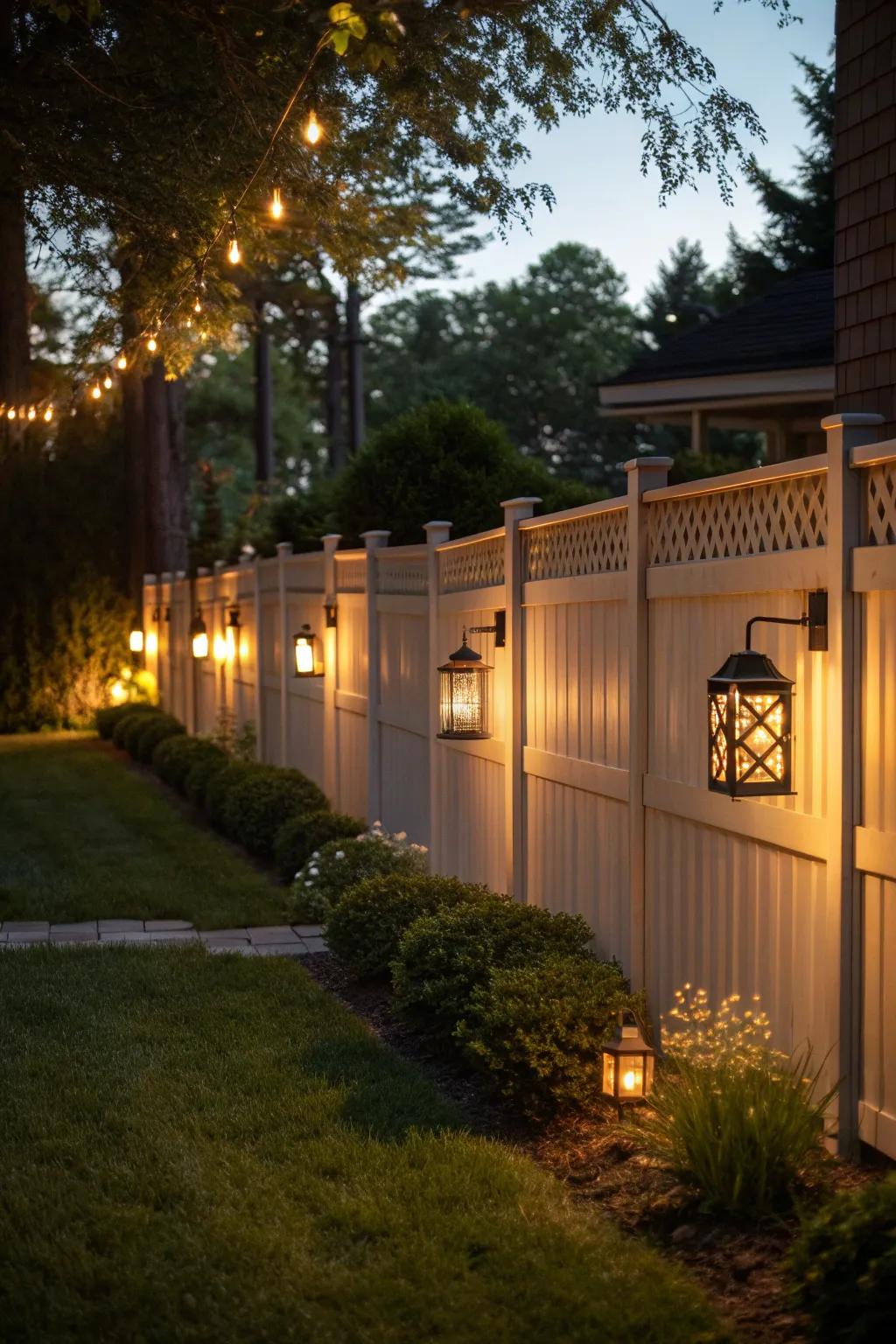 A fence with solar lights and lanterns enhancing evening charm.