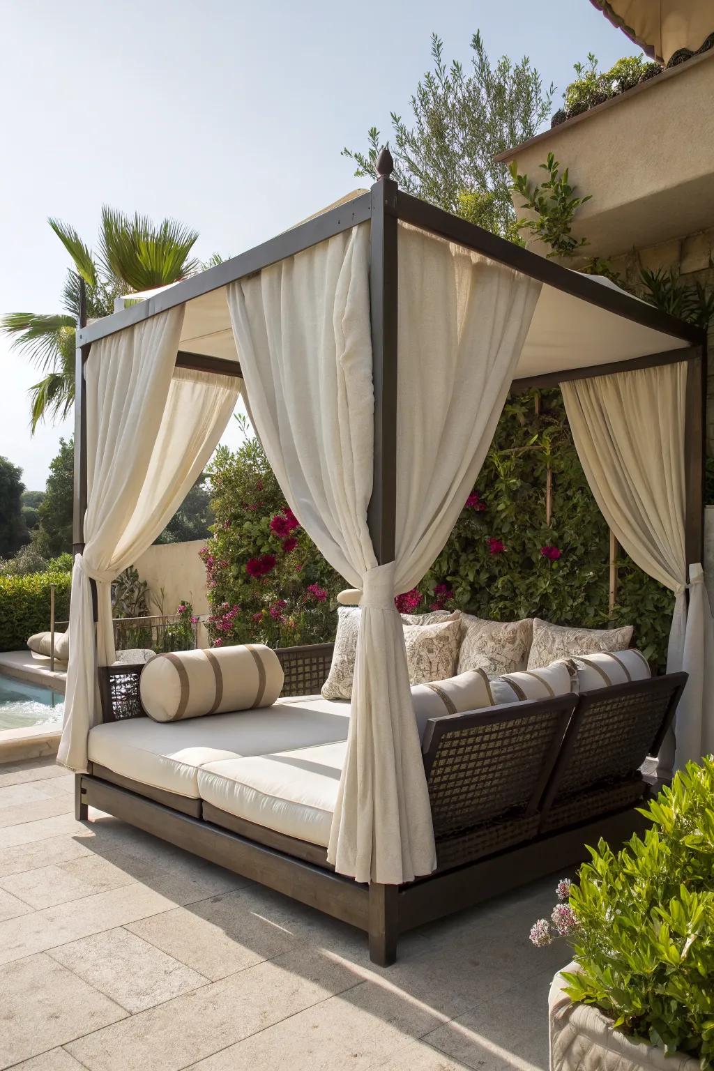 A daybed with a canopy offers resort-like relaxation and shade.