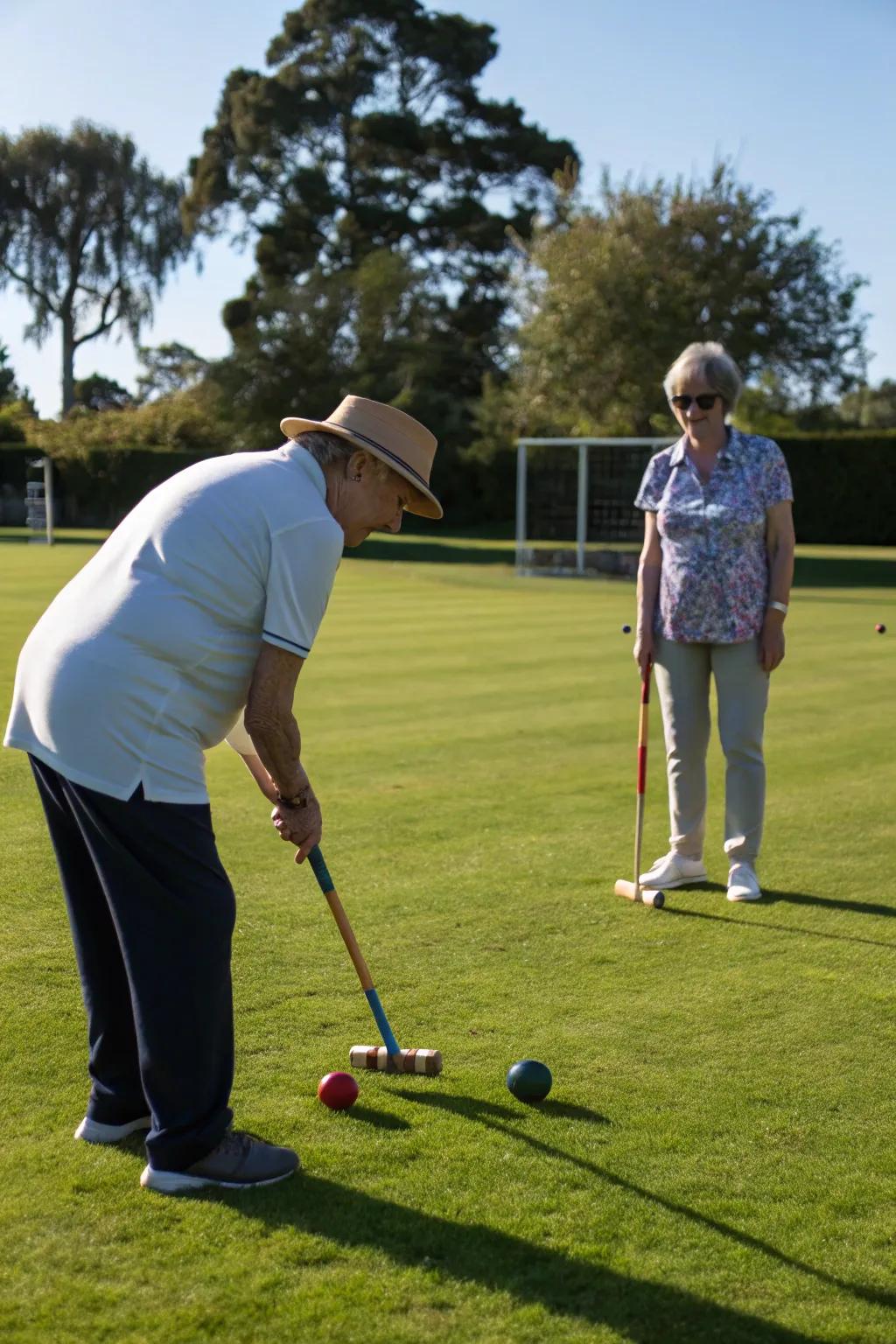 Teaching croquet basics to newcomers.