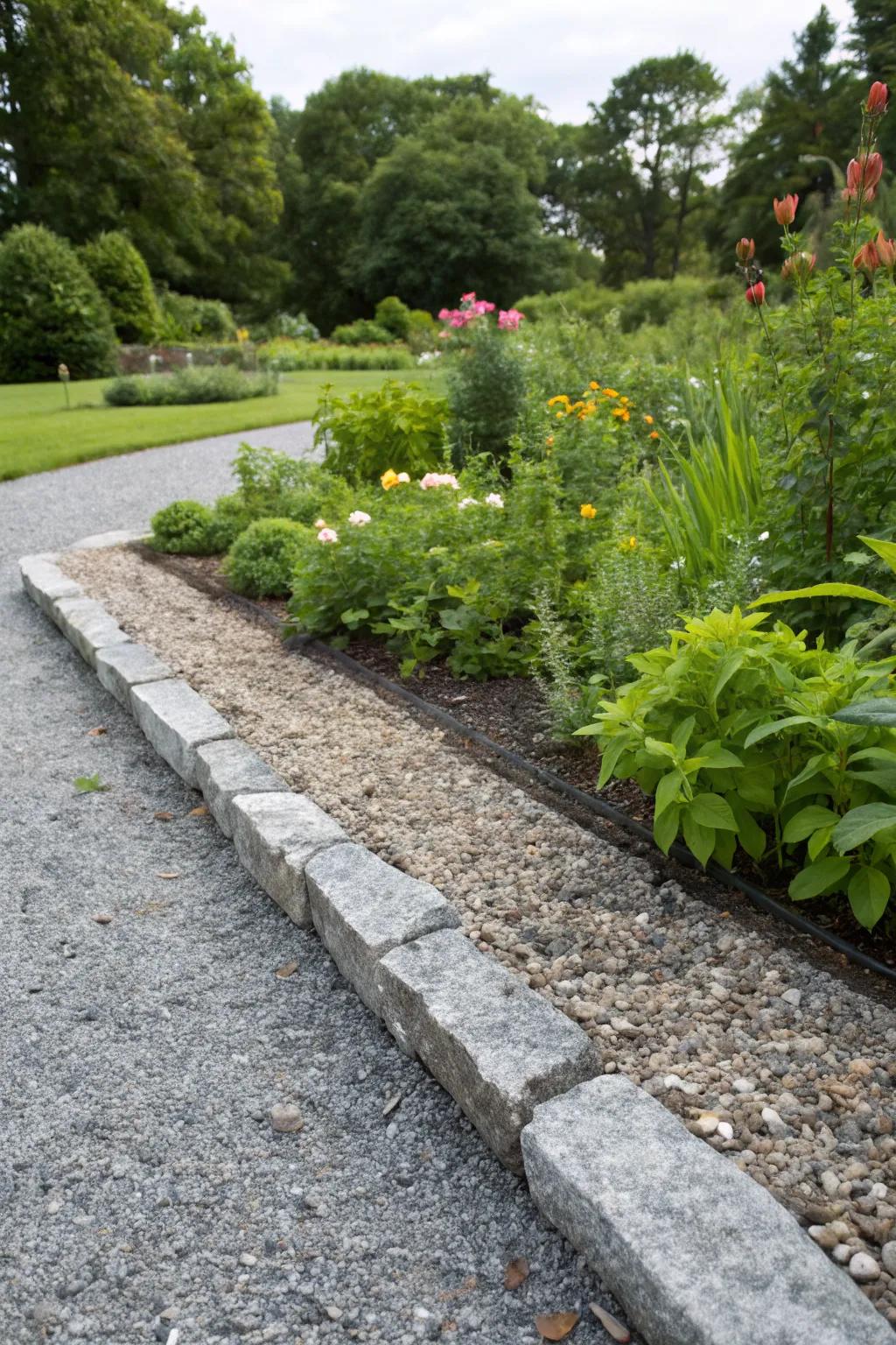 Rustic garden edging with crushed granite enhances natural beauty.