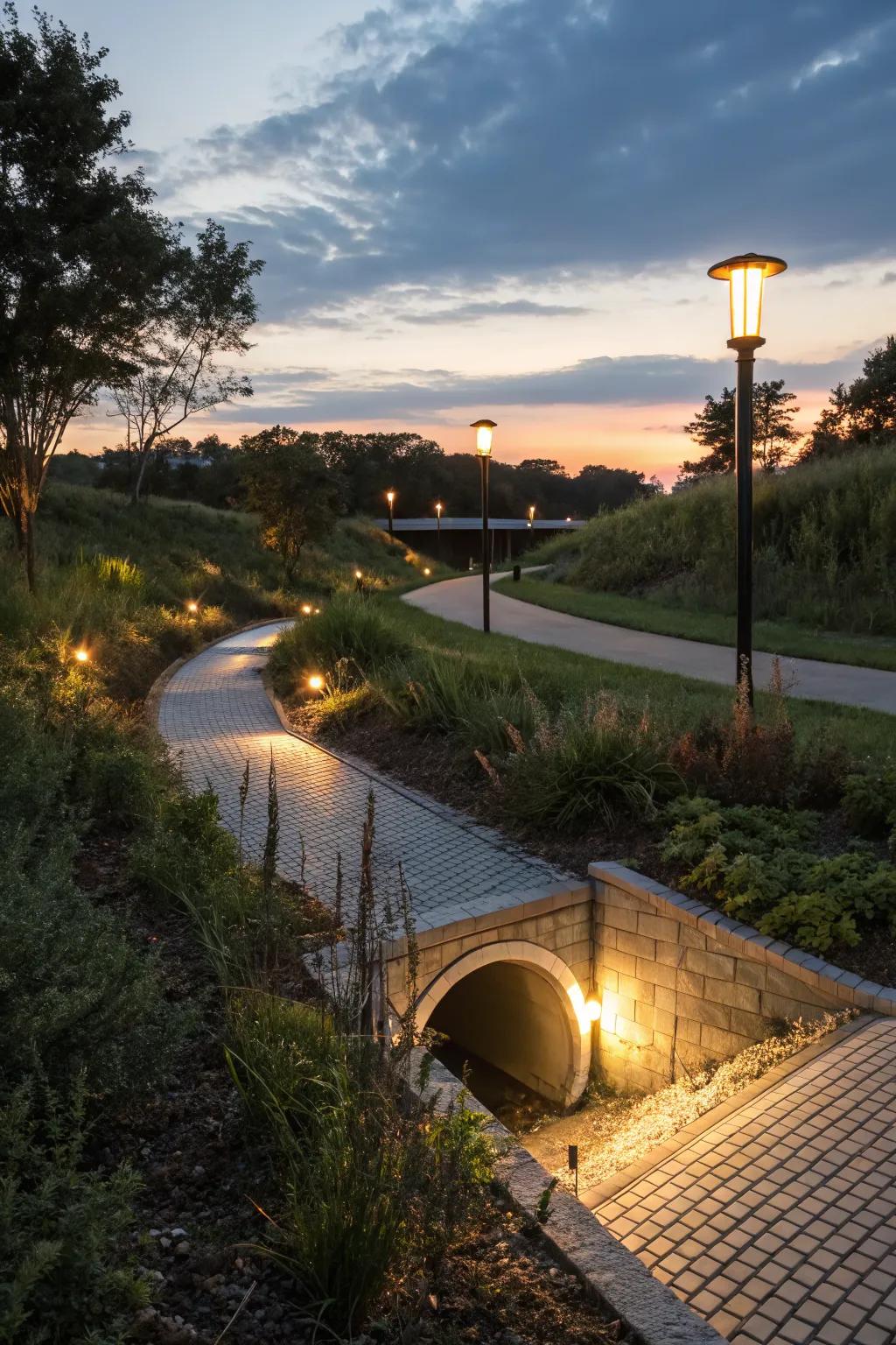 Solar lights create an enchanting atmosphere around culverts.