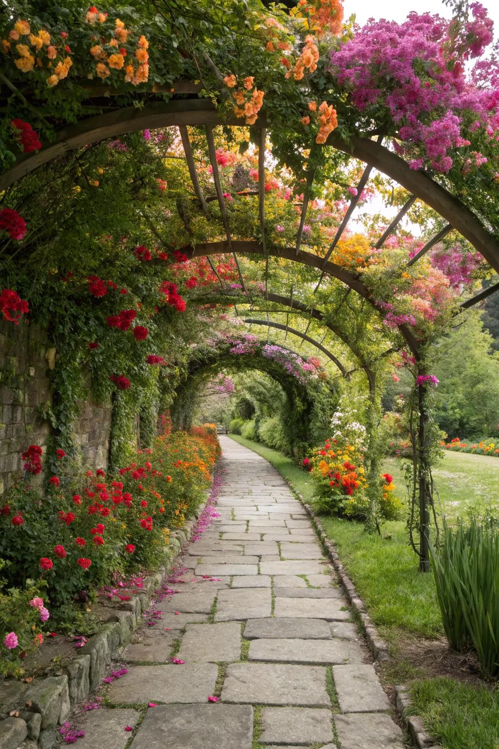 A flowering archway frames the path beautifully.
