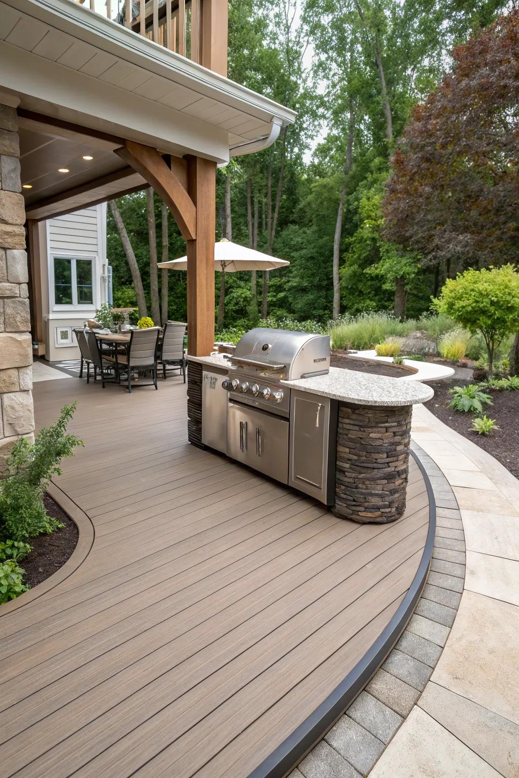 A cohesive deck design integrating with outdoor kitchen facilities.