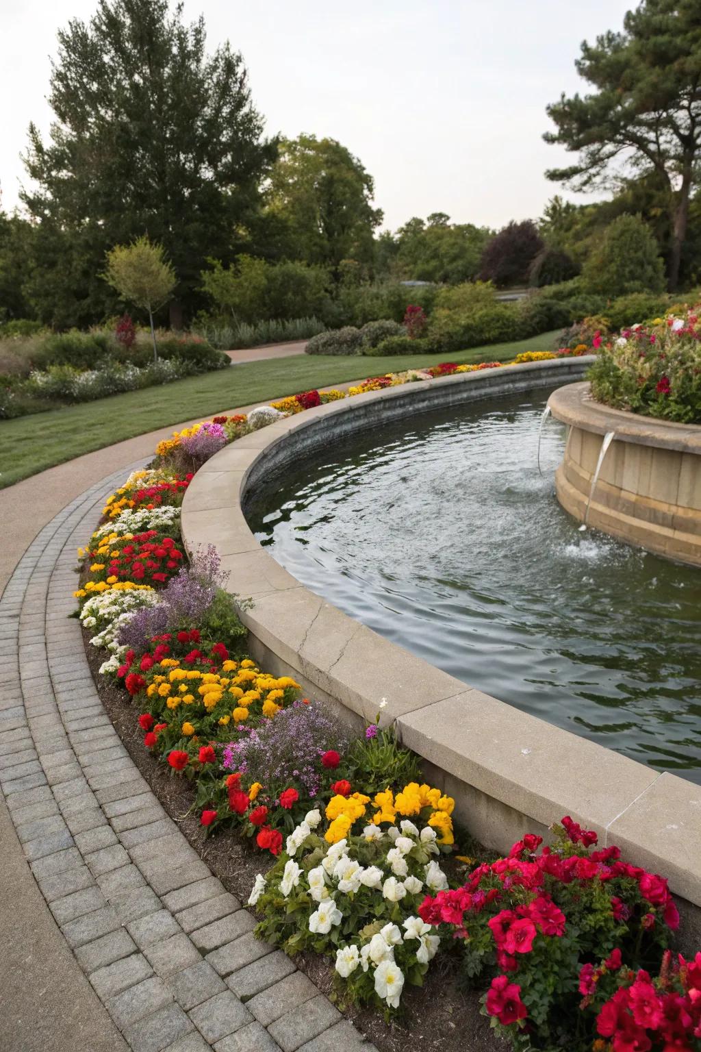 Water features enhance the tranquility of curved beds.