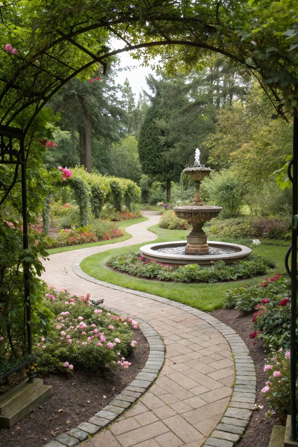 A curved walkway leading to a stunning focal point fountain within a garden.