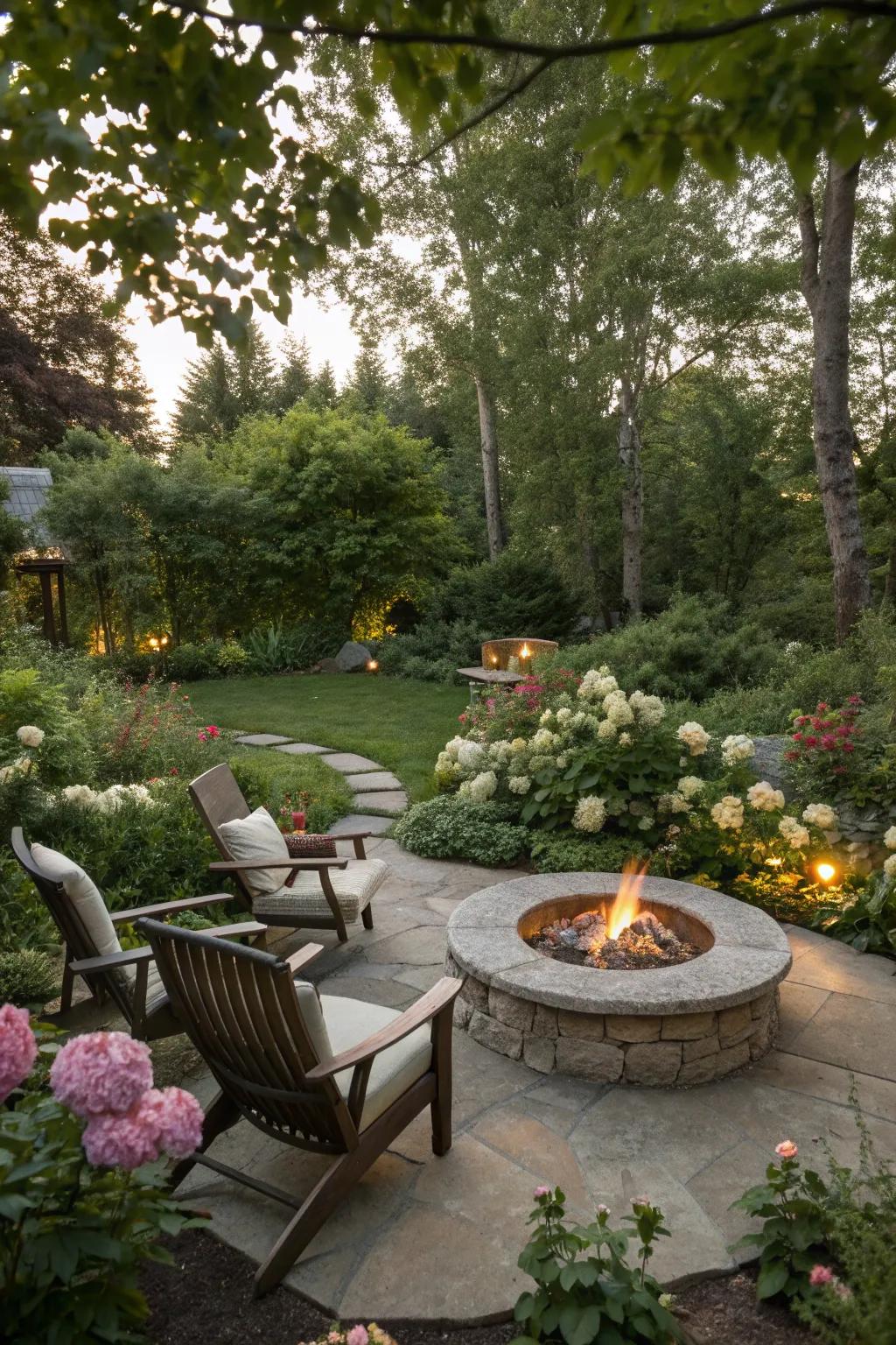 A round fire pit creates a cozy gathering spot.