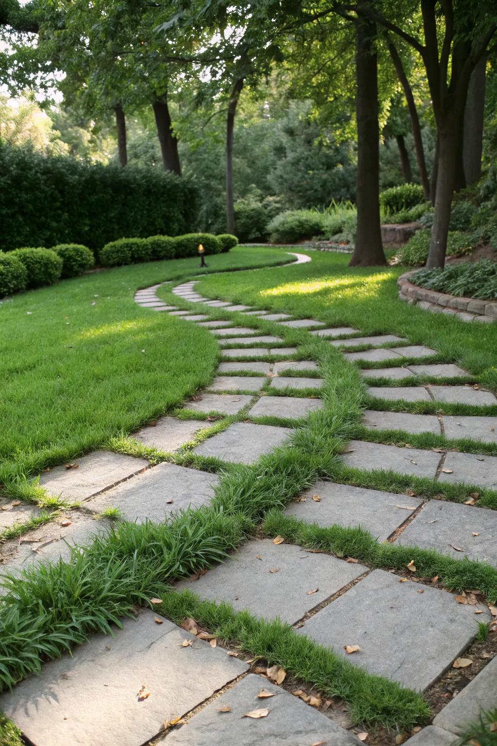 A harmonious blend of stone and grass creating a green path.