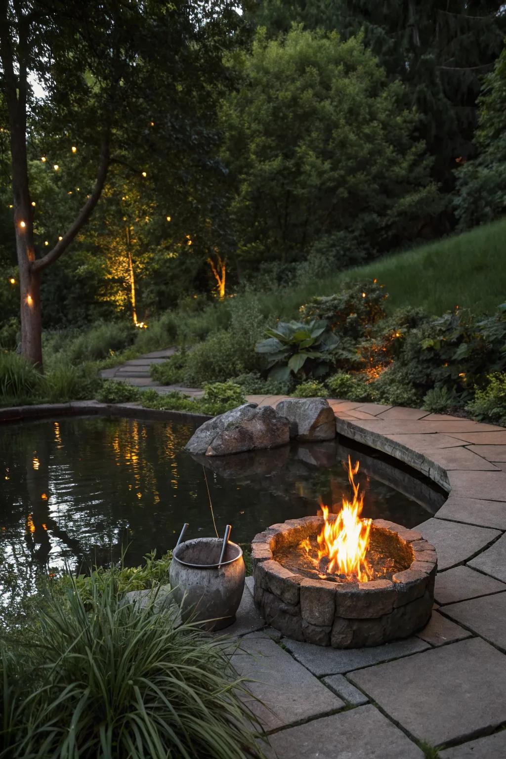 Fire and water together create a captivating outdoor focal point.