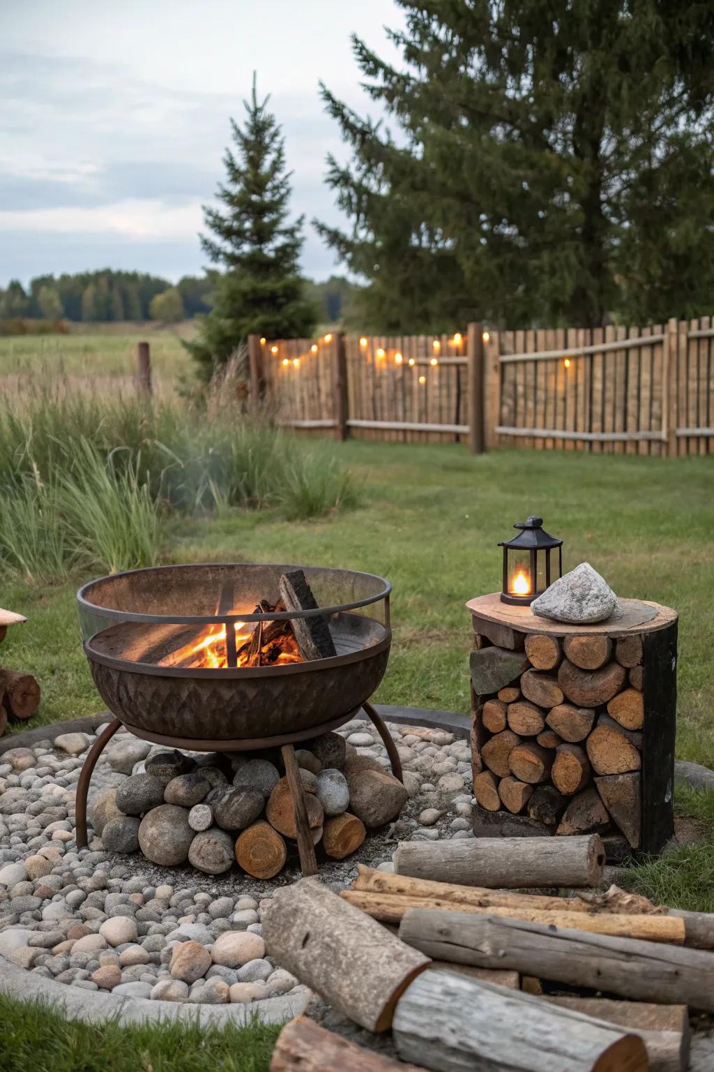 Integrated log holders add rustic charm and practicality.