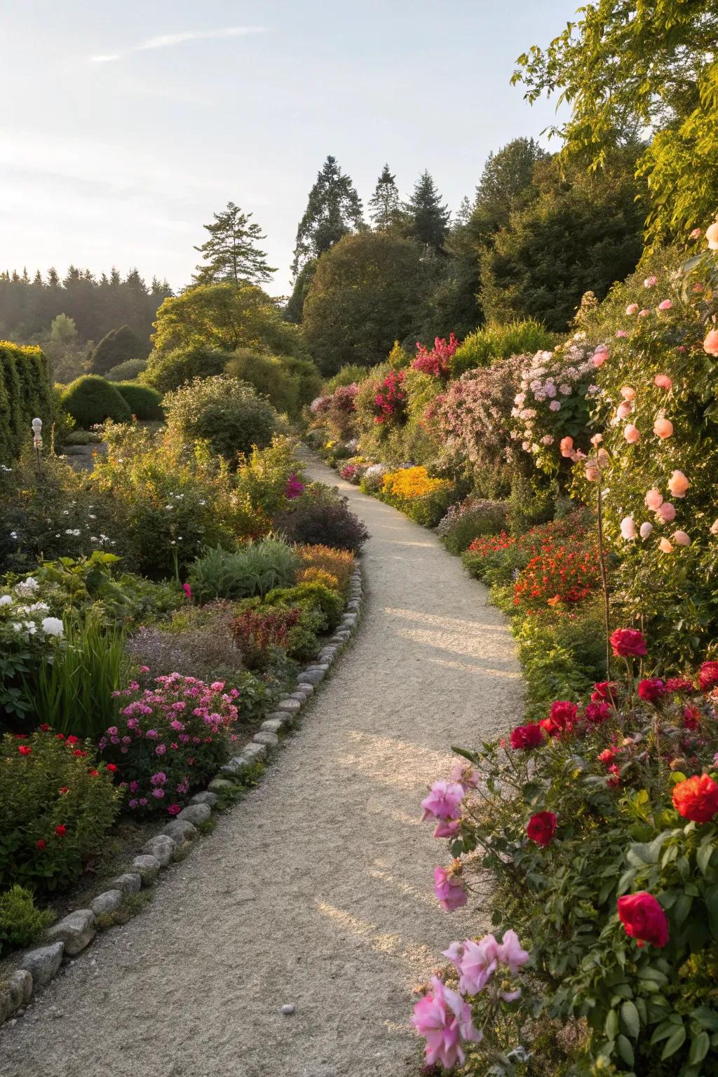 A garden featuring gravel paths that wind through colorful flower beds.