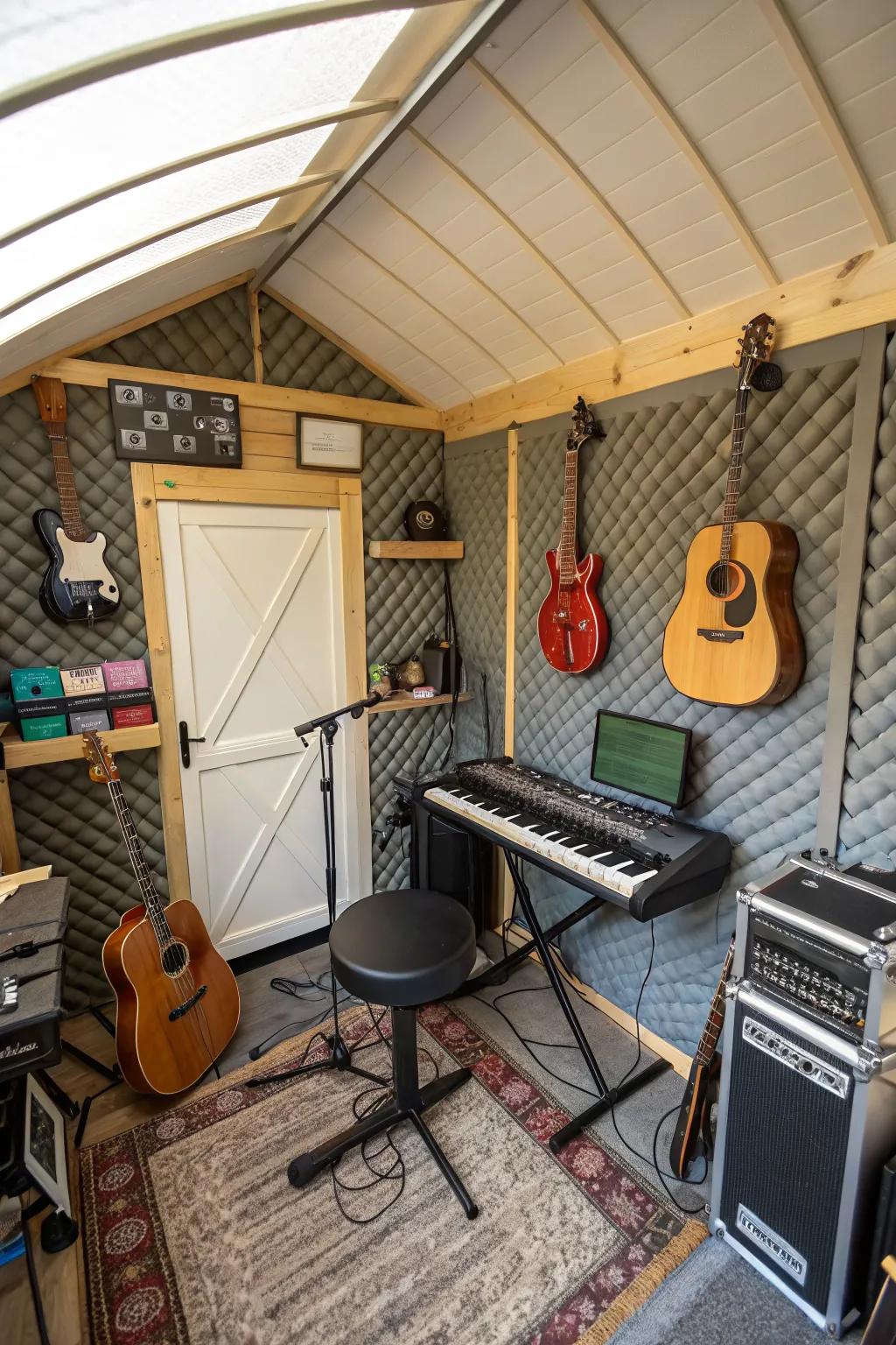 A music studio with instruments and soundproofing.