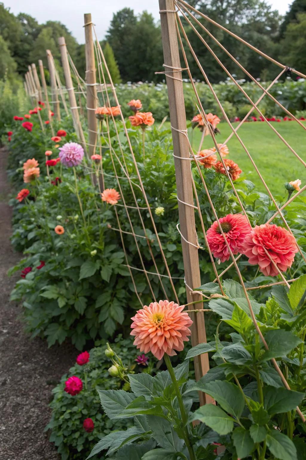 A web of twine providing artistic support to dahlias.