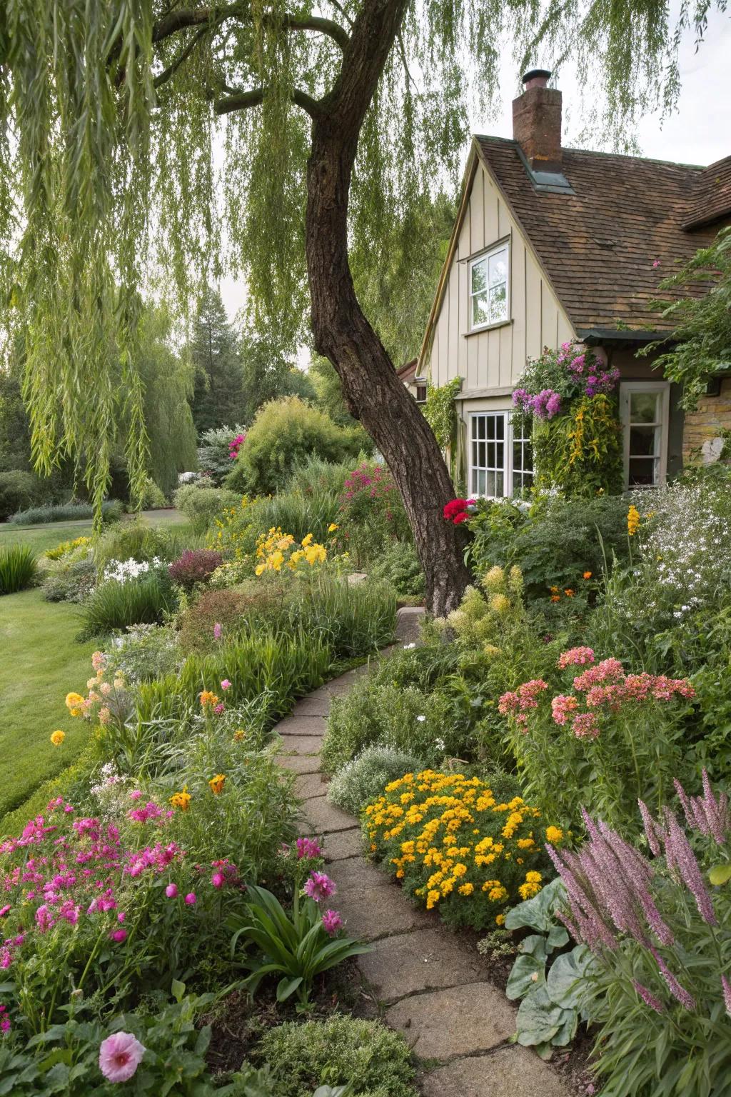 Dappled willow enhances the charm of a cottage garden.