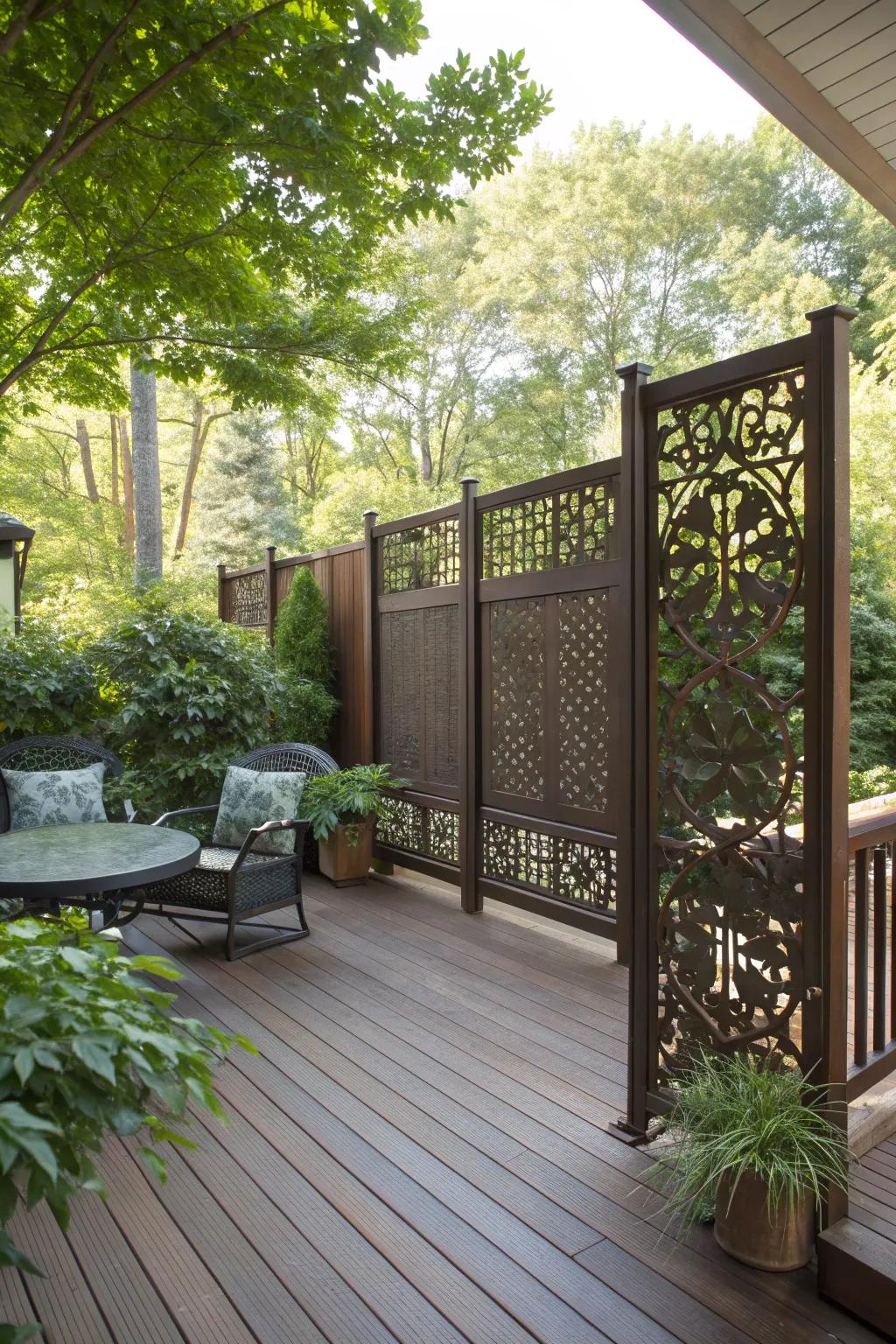 Decorative privacy screens create a secluded atmosphere on this deck.