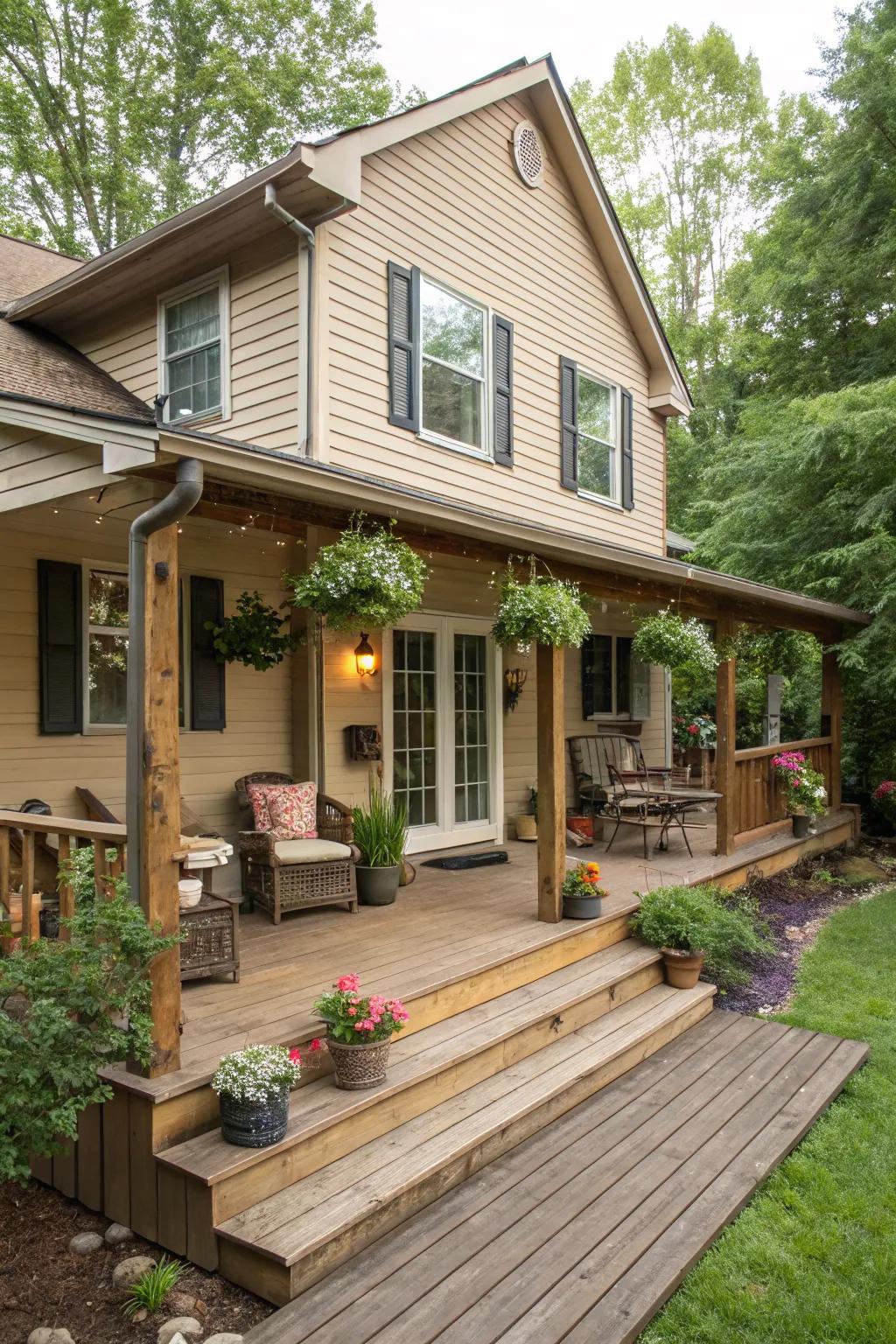 Natural wood decks provide rustic charm and appeal.