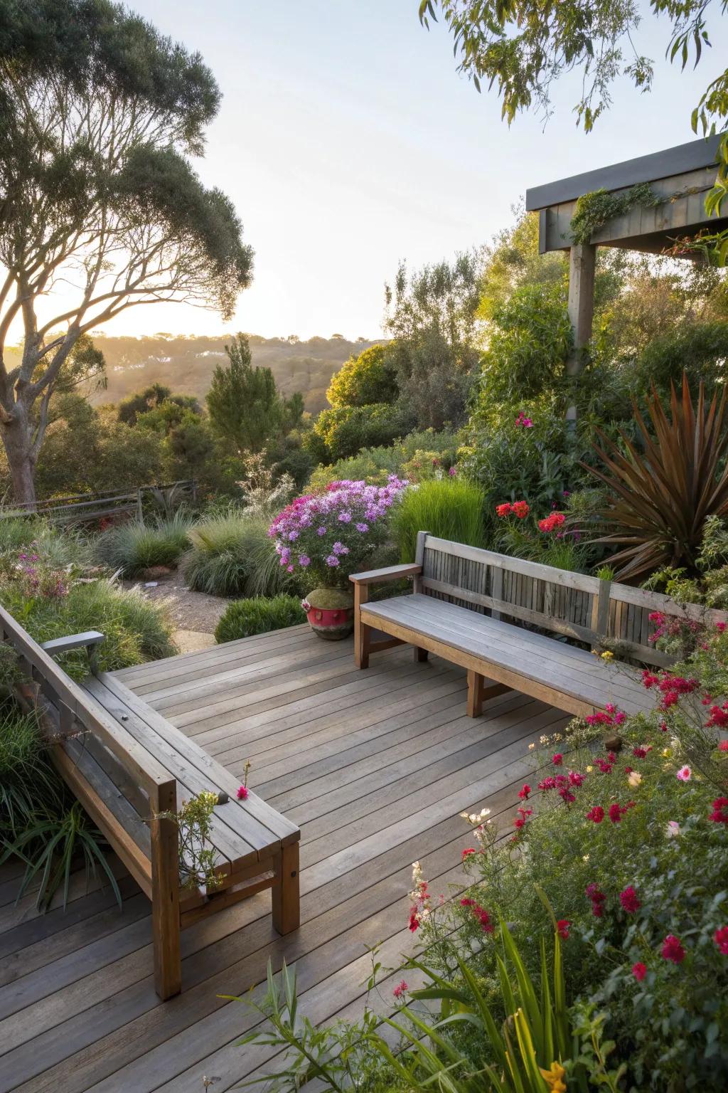 Built-in benches offering seamless seating on the deck.