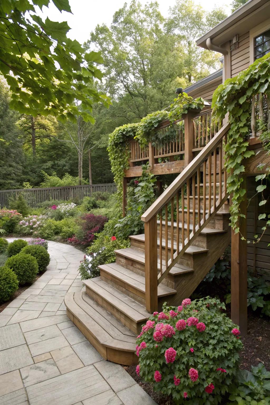 Deck landing with wraparound steps leading to the garden.