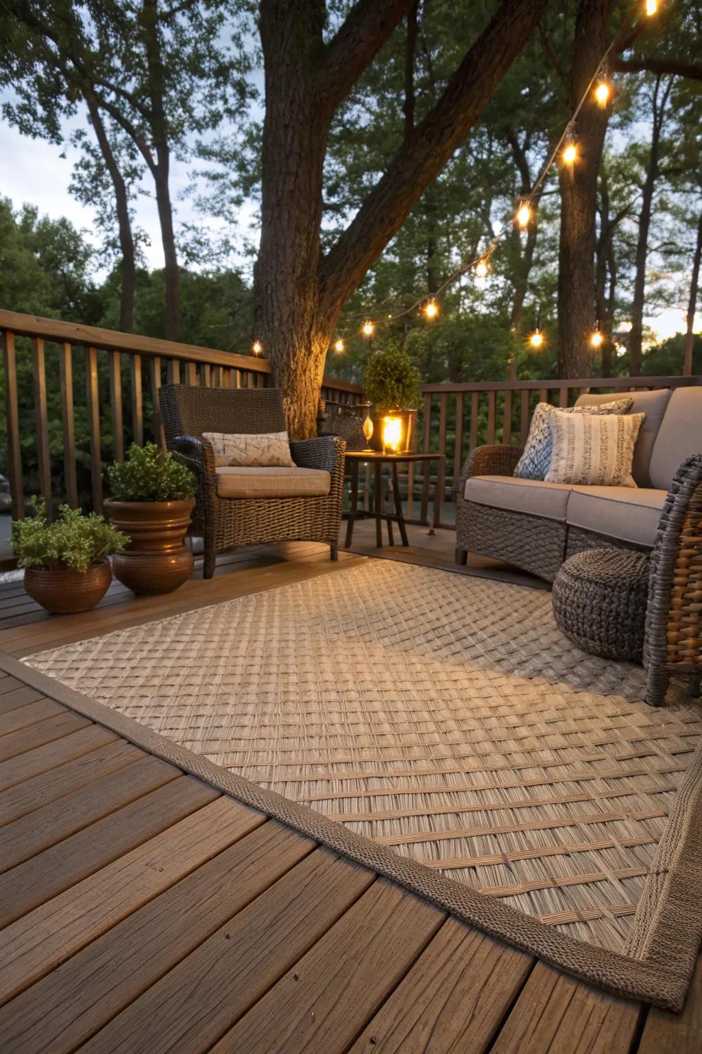 Woven synthetic decking offers a cozy, textured feel.