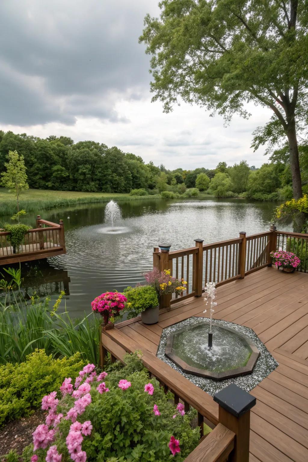 A deck enhanced with a soothing water fountain.