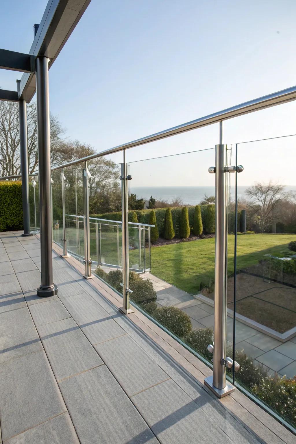 Sleek metal posts and glass railings create a clean, modern look on this stylish deck.