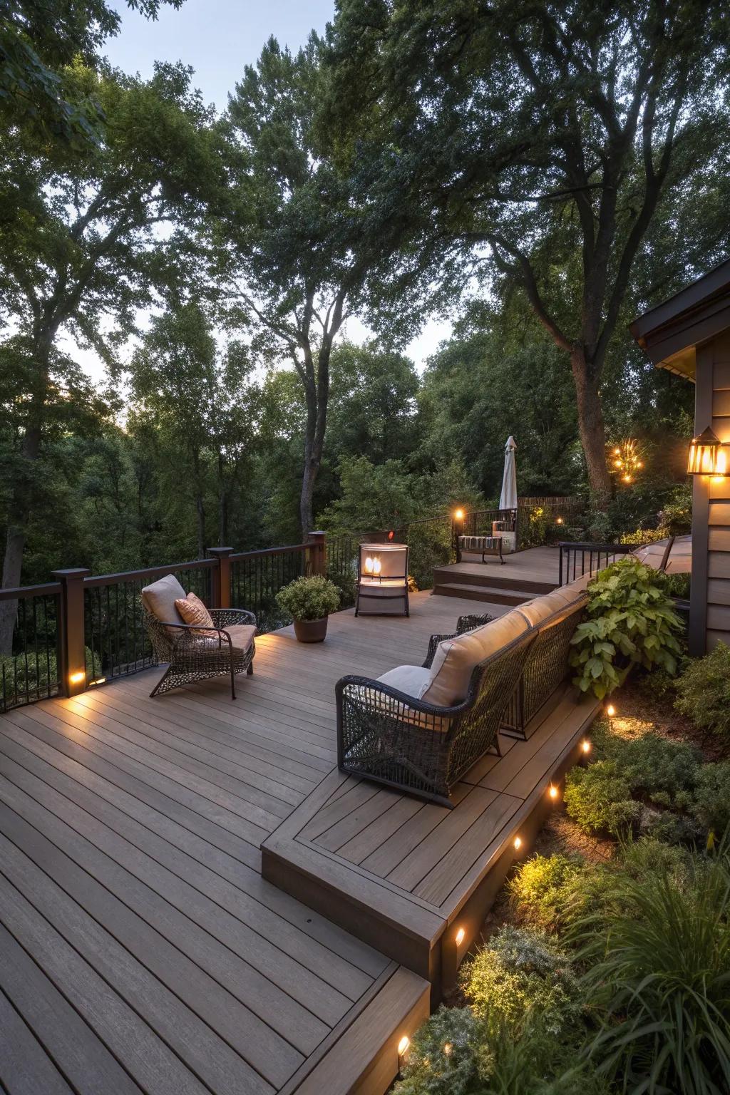 Deck with unobtrusive recessed lighting.