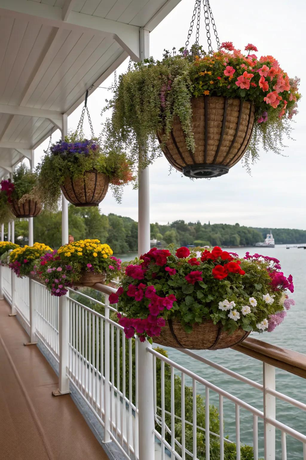 Hanging baskets offer an elegant and charming addition to your deck.
