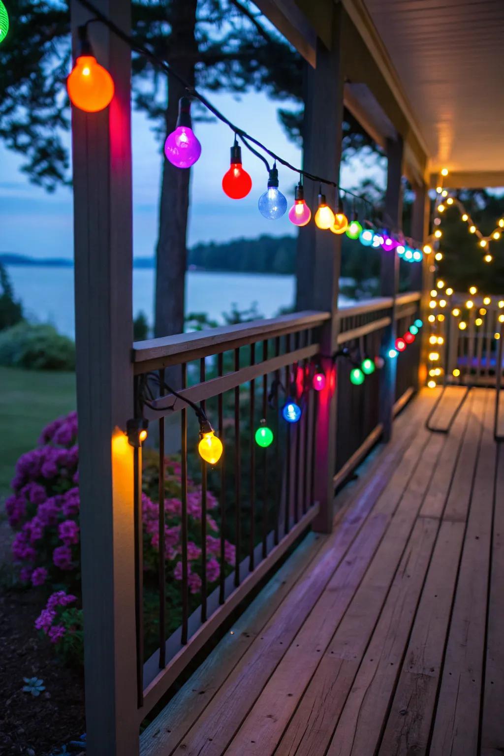 Colored lights add a playful and vibrant twist to your deck.