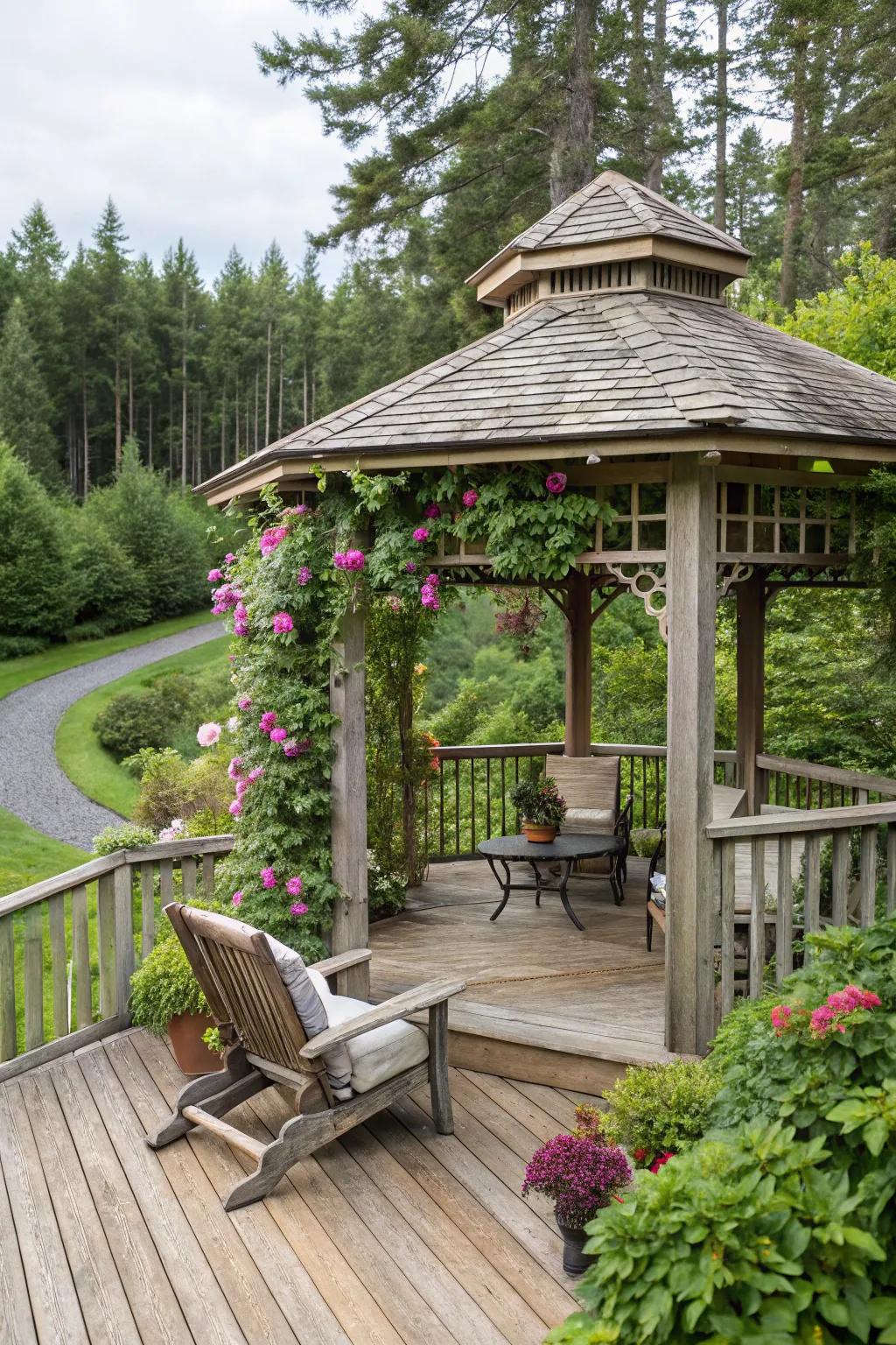 A gazebo provides a cozy and private deck retreat.