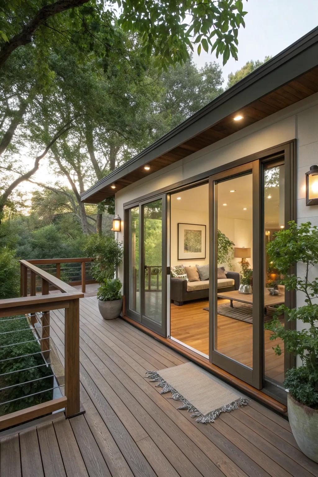 A deck that seamlessly integrates with indoor spaces for a fluid living experience.