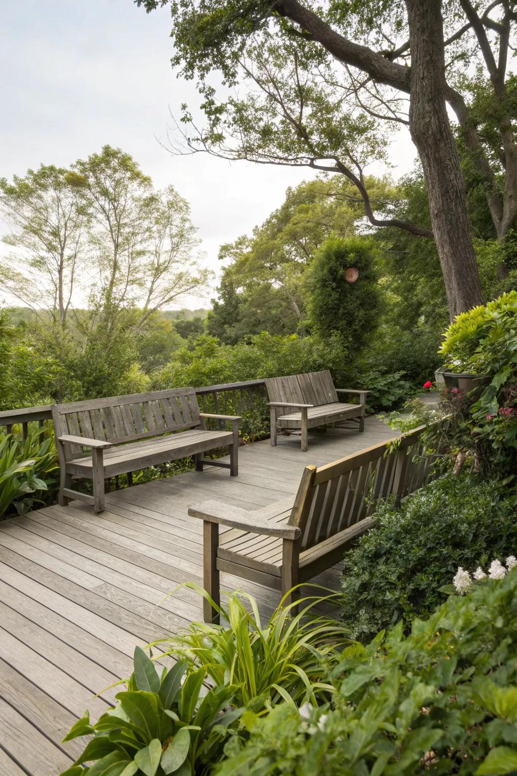 High-back benches offer privacy and coziness on the deck.