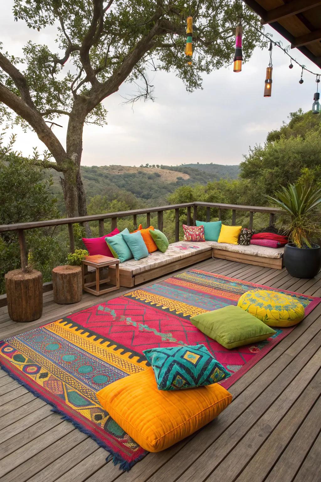 A lively deck enhanced with colorful textiles and accessories.