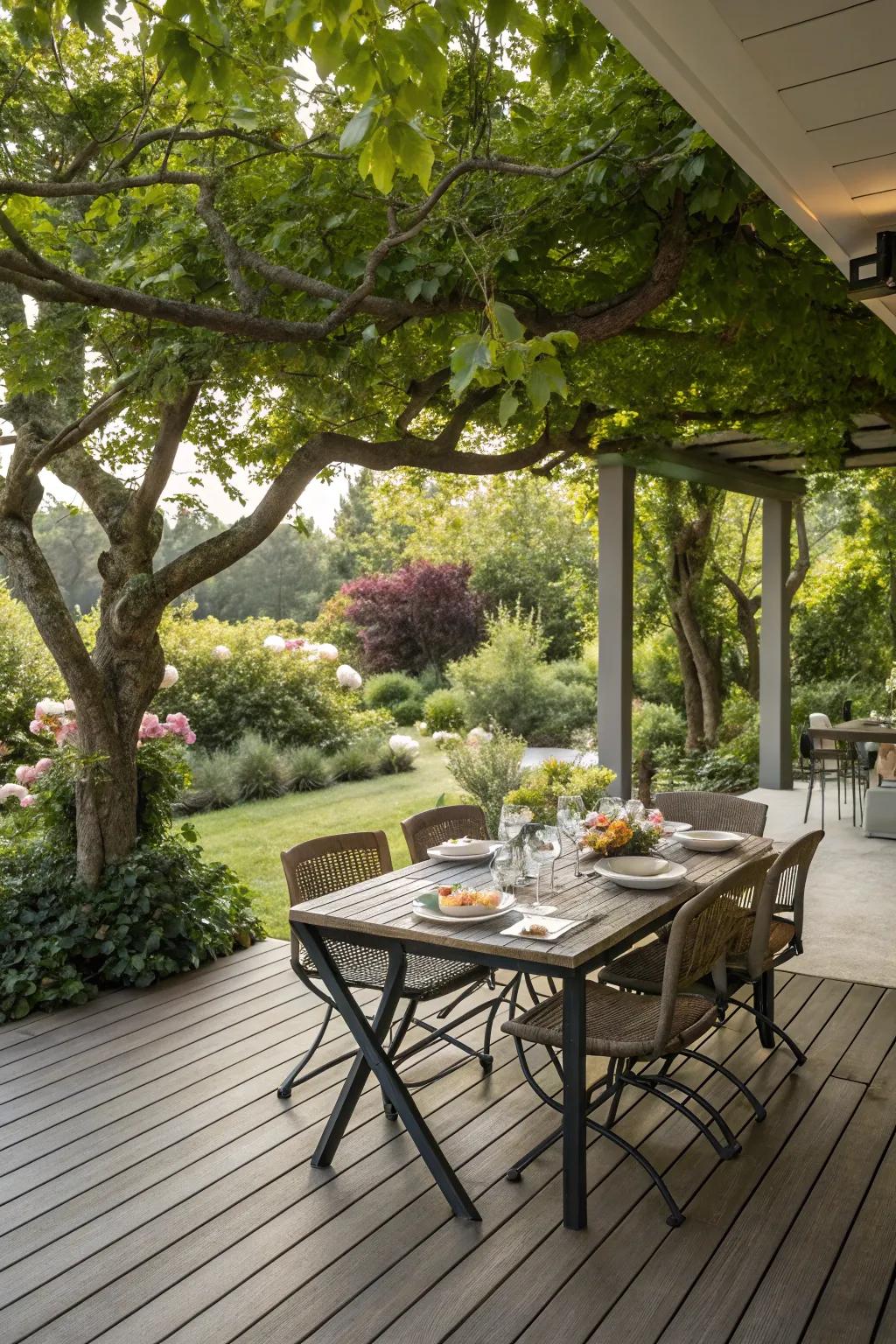 Decking tiles set the stage for outdoor dining.