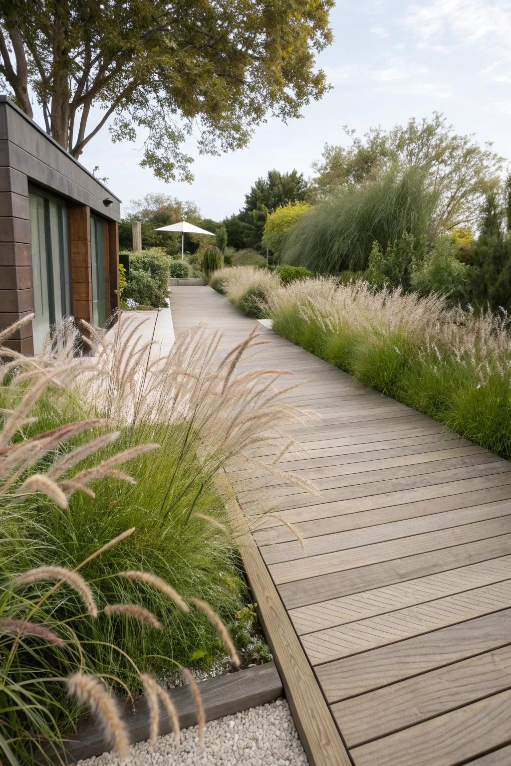 Ornamental grasses add a stylish and natural privacy element to the deck.