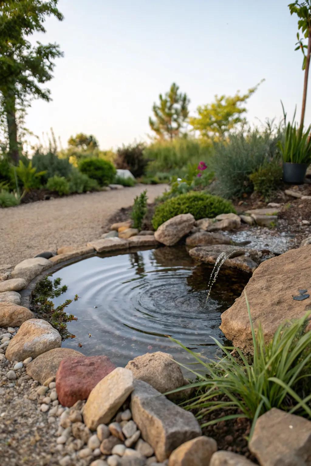 Decomposed granite and water features create a serene ambiance.