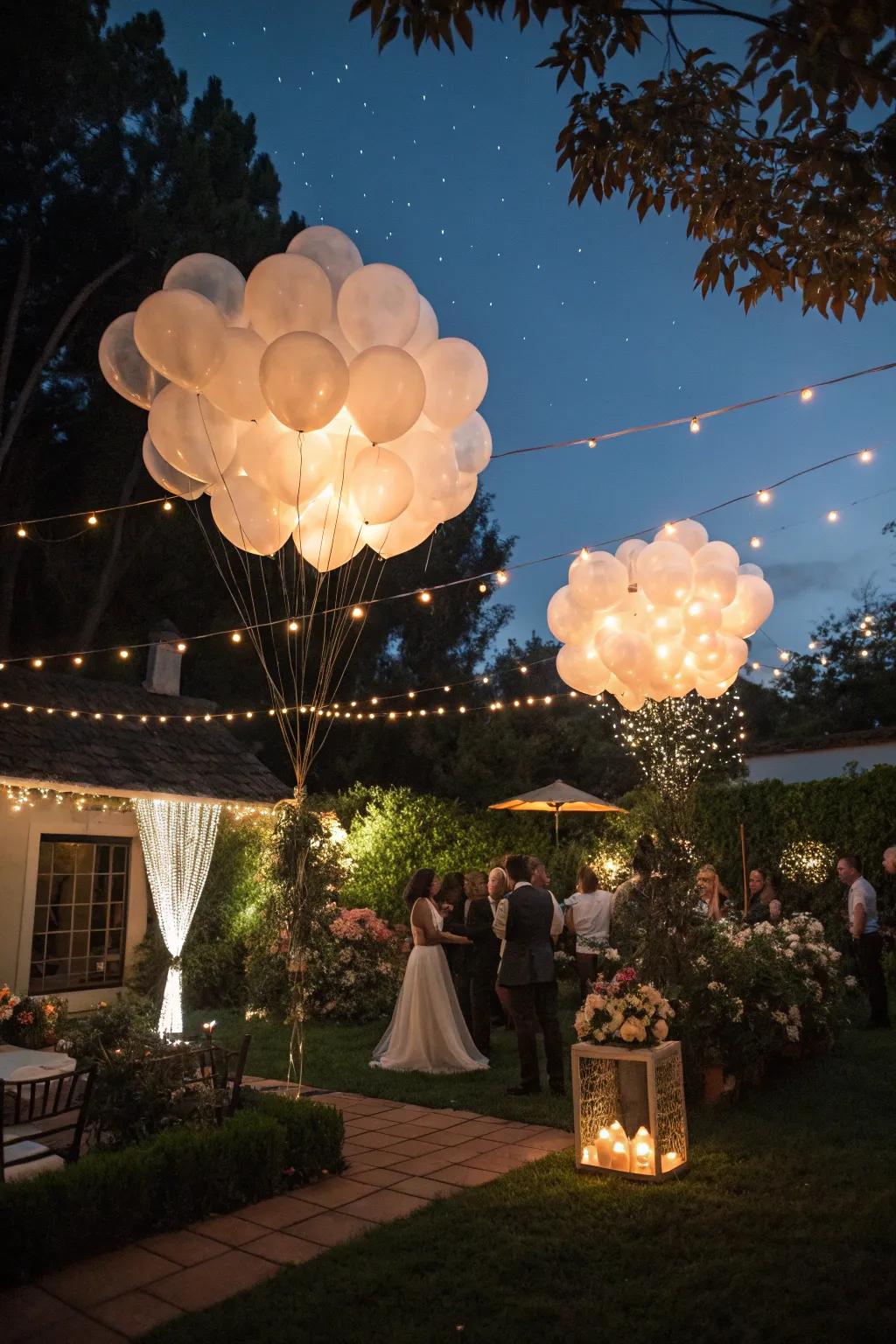 LED balloon clouds provide a modern, glowing effect for evening celebrations.