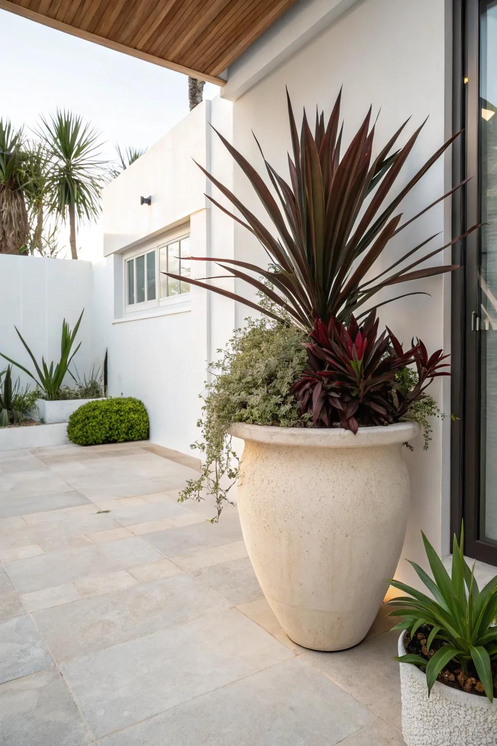 A minimalist patio design featuring a single dramatic plant.