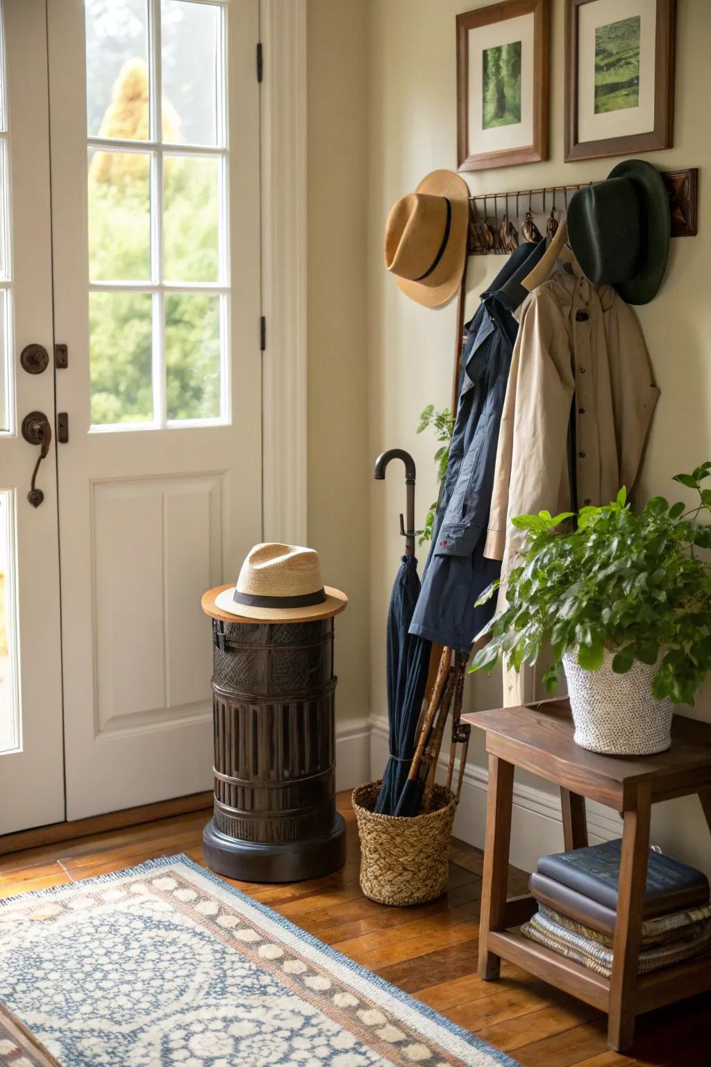 An entryway where a flipped garden stool cleverly serves as an umbrella stand.