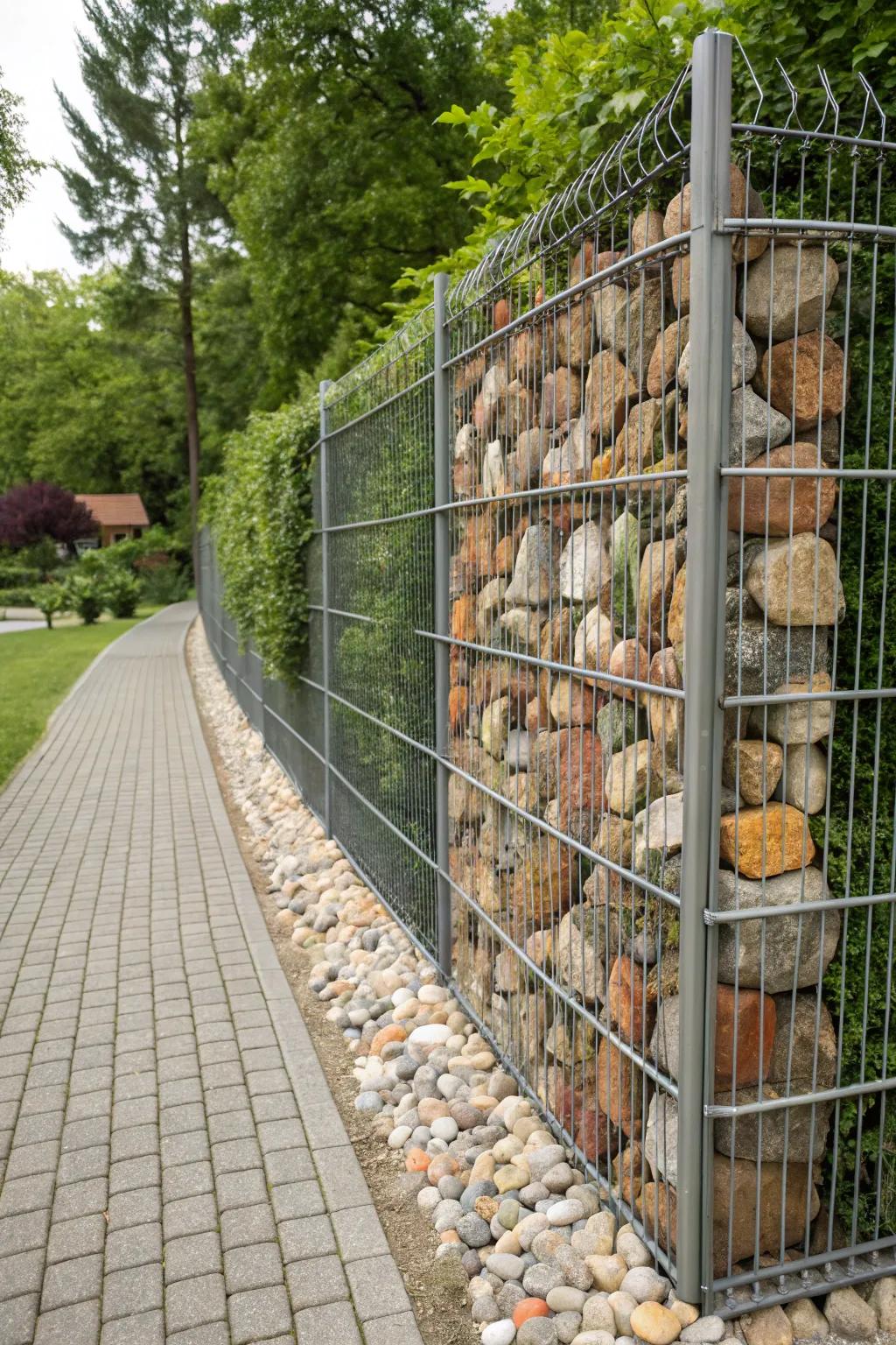 Artistic patterns with colored stones make this gabion fence a striking visual centerpiece.