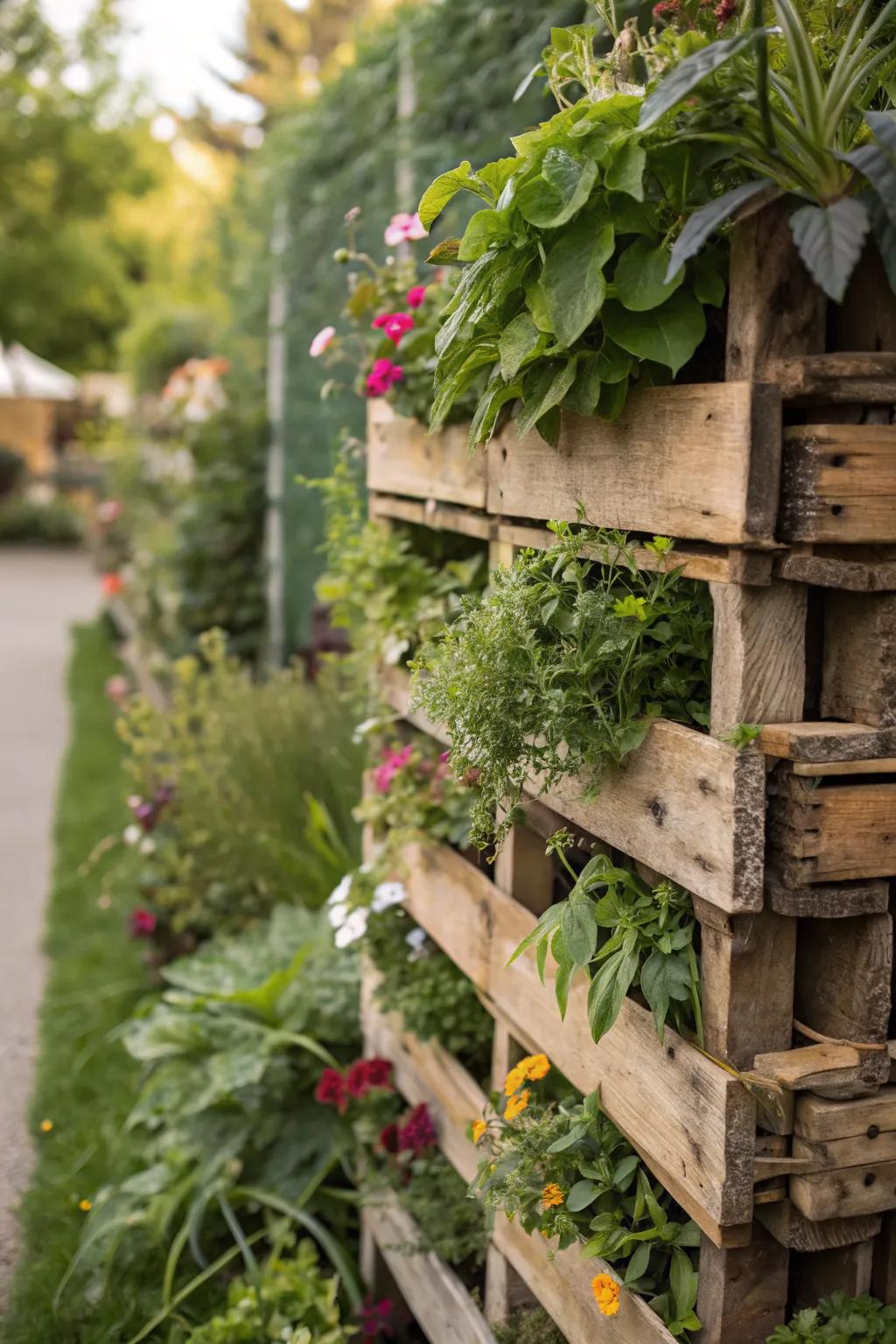 A vertical garden crafted from recycled pallets maximizes space.