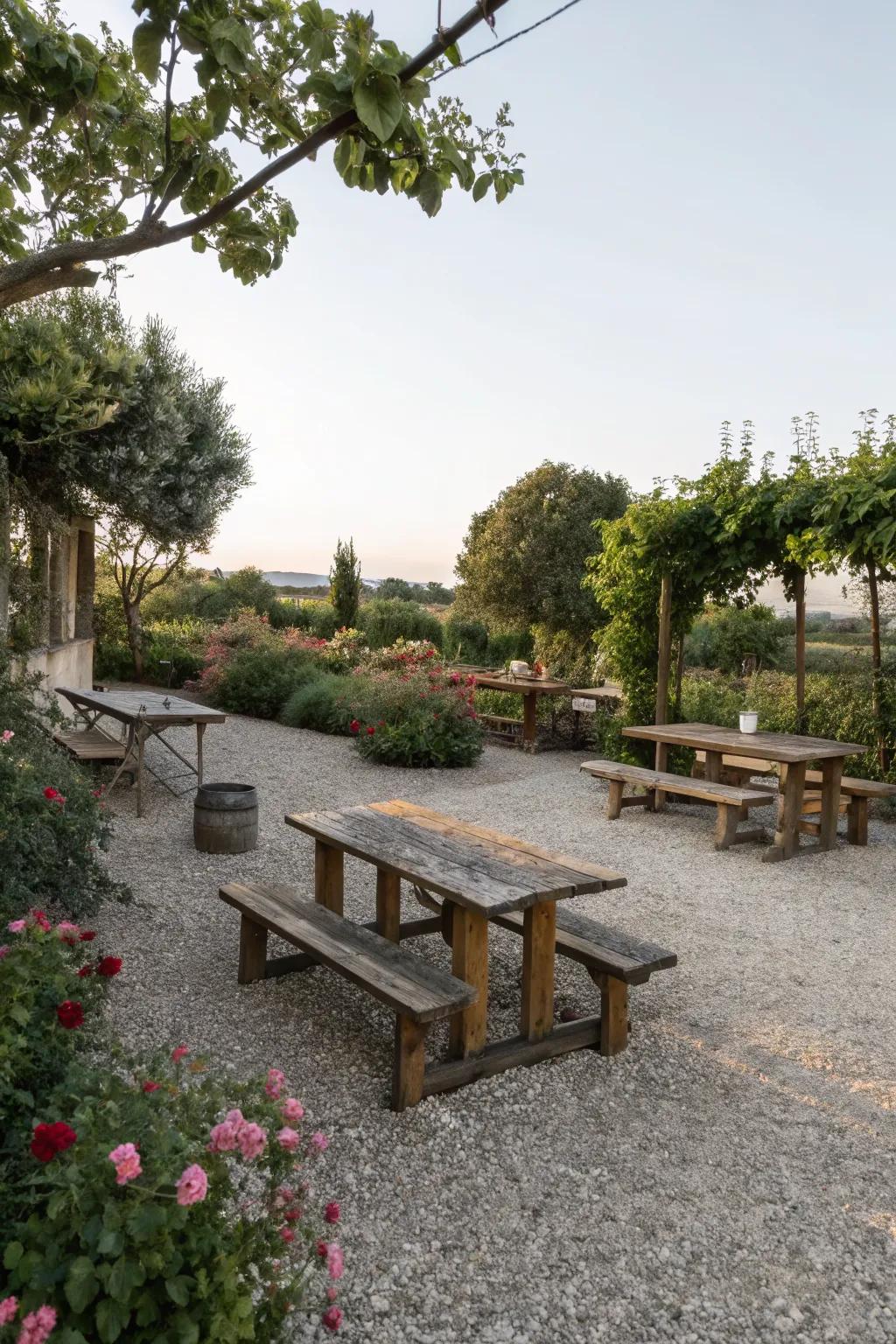 A cozy seating area laid on a gravel surface.