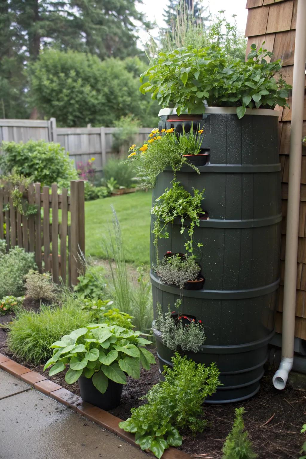 Go green with a vertical garden rain barrel.