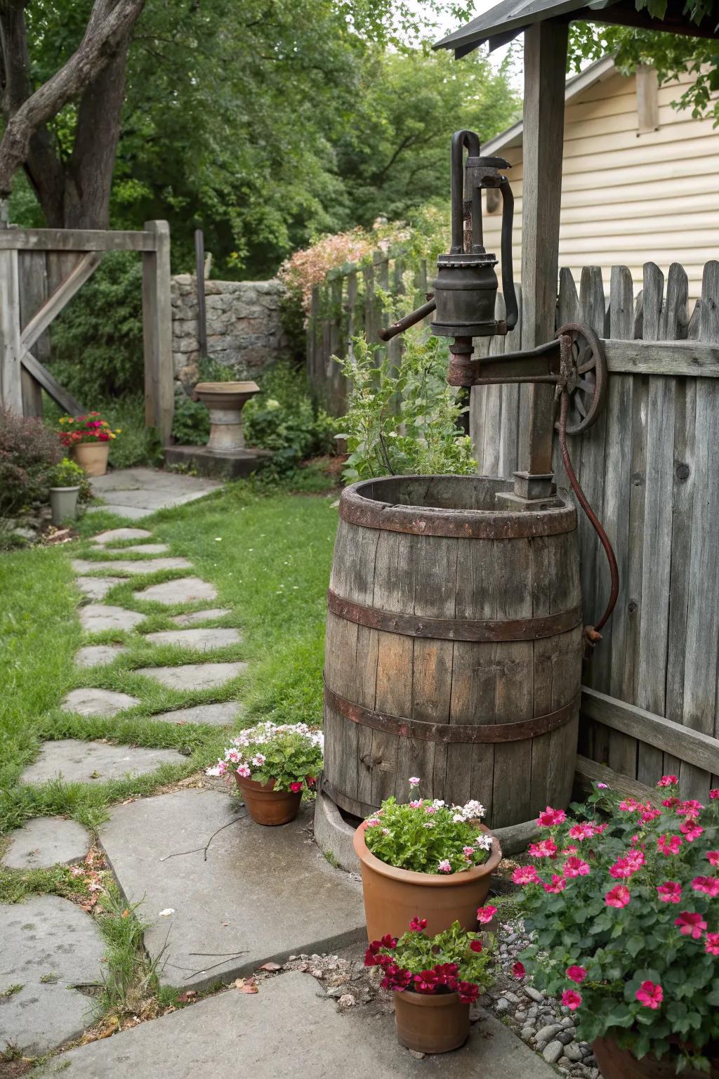 A vintage barrel cover adds rustic charm.